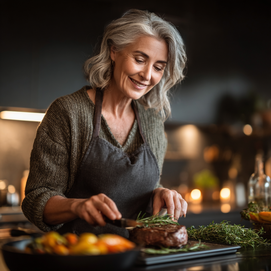 Літня жінка готує здорову їжу
